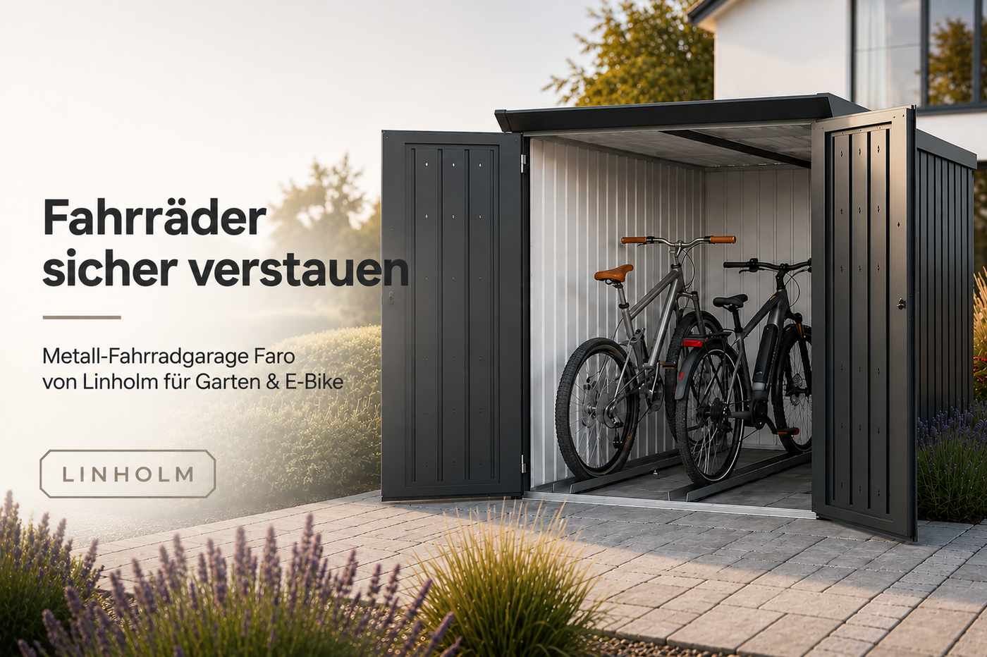 Fahrräder sicher verstauen: Metall-Fahrradgarage Faro von Linholm für Garten & E-Bike