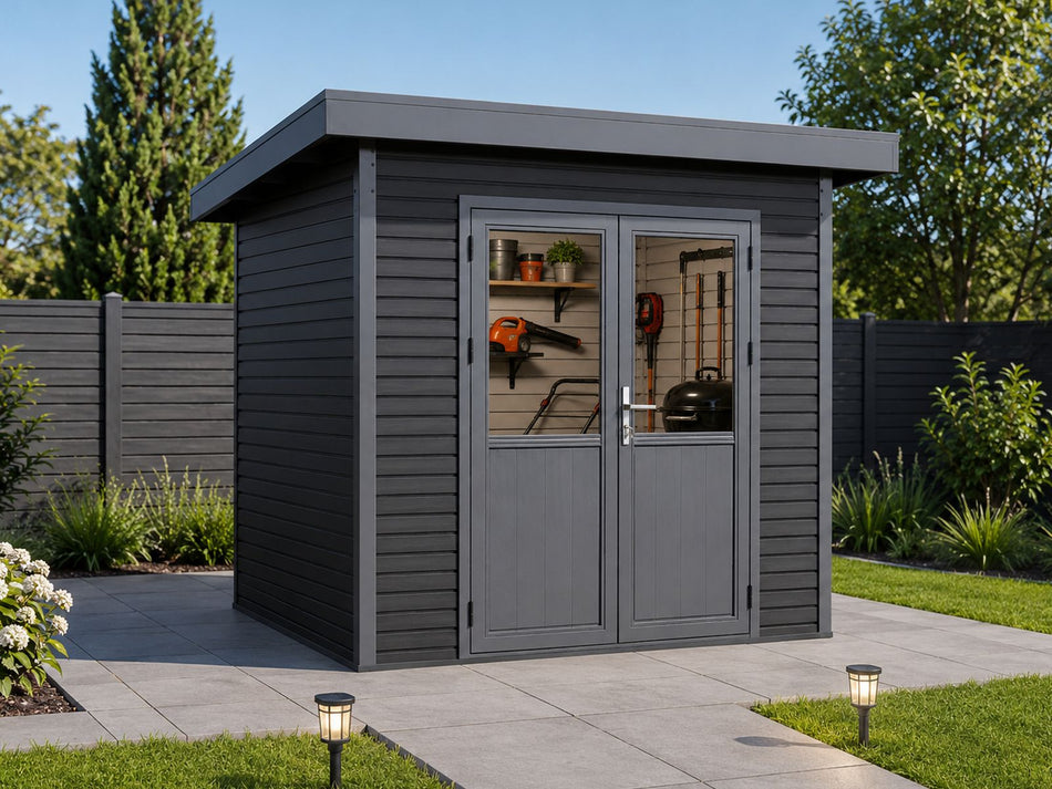 Linholm WPC Gartenhaus Linia 2424 inkl. Dachrinnen-Set, 2-farbig Grau/Anthrazit