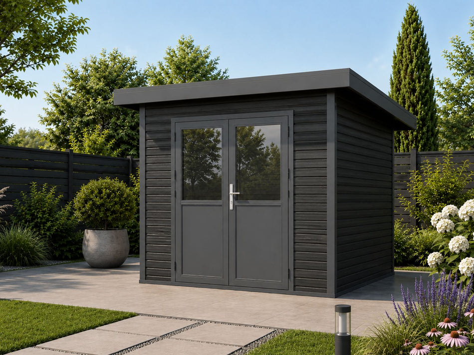Linholm WPC Gartenhaus Linia 2824 inkl. Dachrinnen-Set, 2-farbig in Grau/Anthrazit