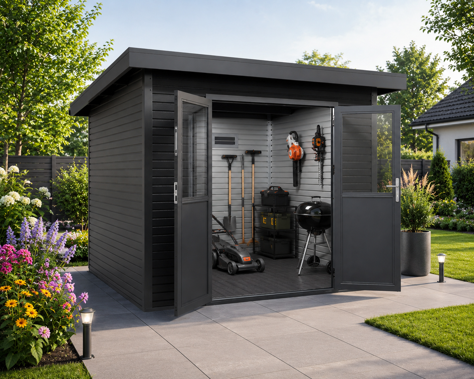 Linholm  WPC Gartenhaus Linia 2828 inkl. Dachrinnen-Set, 2-farbig in Grau/Anthrazit