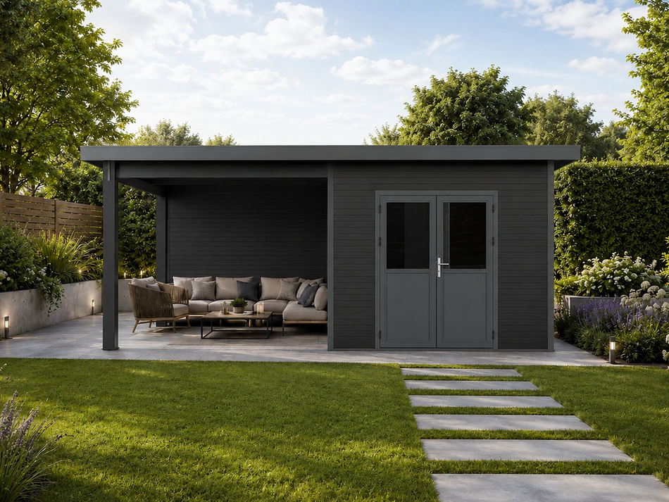 Linholm WPC Gartenhaus Linia 5228 mit Anbaudach und Rückwand, inkl. Dachrinnen-Set, Anthrazit