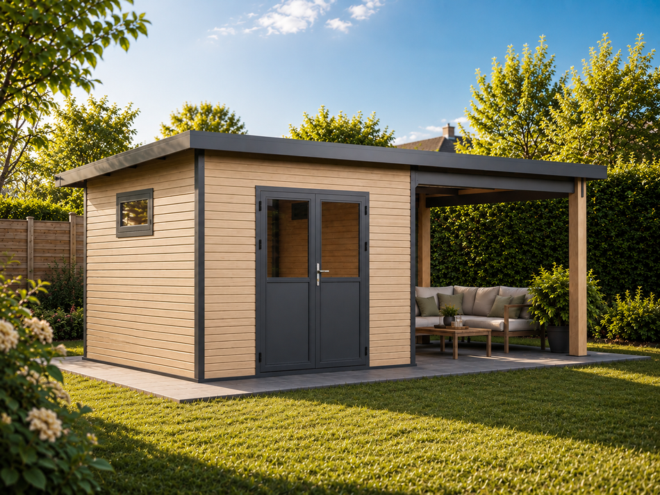Linholm WPC Gartenhaus Linia 5228 mit Anbaudach und Rückwand, inkl. Dachrinnen-Set, Natur-Beige/Anthrazit