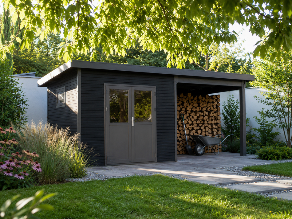 Linholm WPC Gartenhaus Linia 5628 mit Anbaudach und Rückwand, inkl. Dachrinnen-Set, Anthrazit