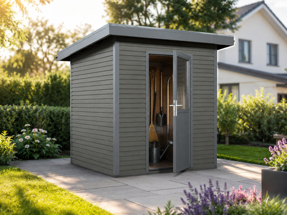 Linholm WPC Gartenhaus Linia 2020 inkl. Dachrinnen-Set, 2-farbig Grau/Anthrazit