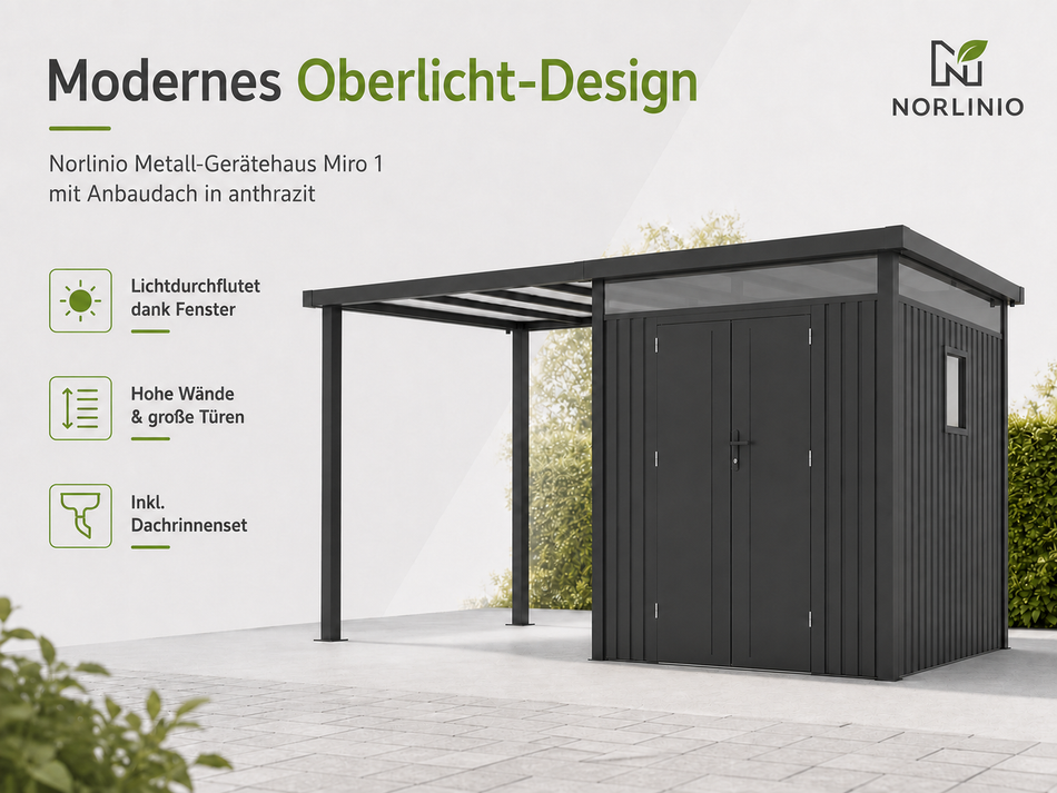 Norlinio Metall Gerätehaus Miro 1 mit Anbaudach in Anthrazit