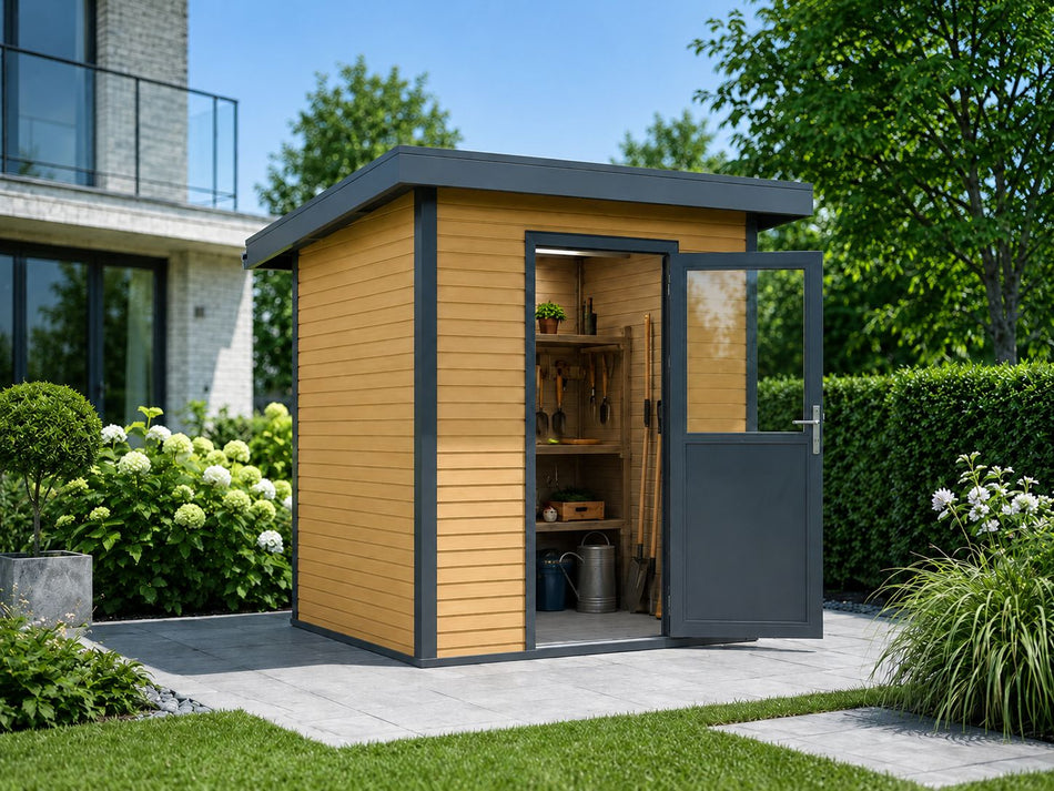 Linholm WPC Gartenhaus Linia 2020 inkl. Dachrinnen-Set, Natur-Beige/Anthrazit