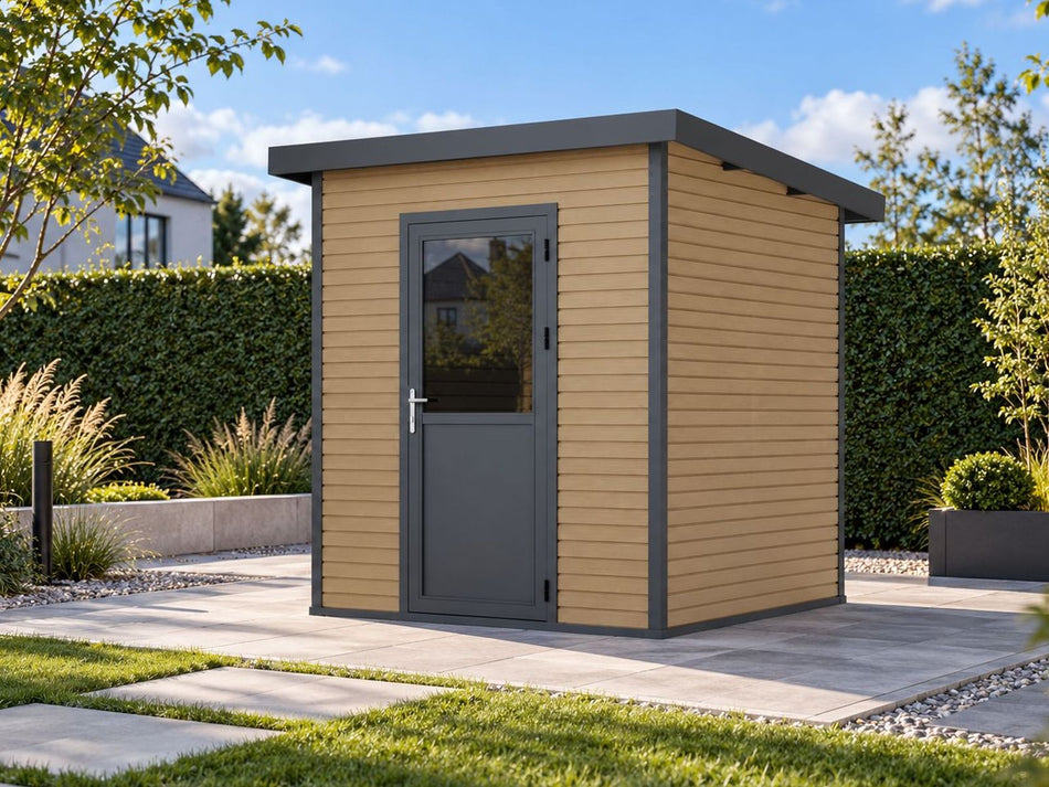 Linholm WPC Gartenhaus Linia 2020 inkl. Dachrinnen-Set, Natur-Beige/Anthrazit