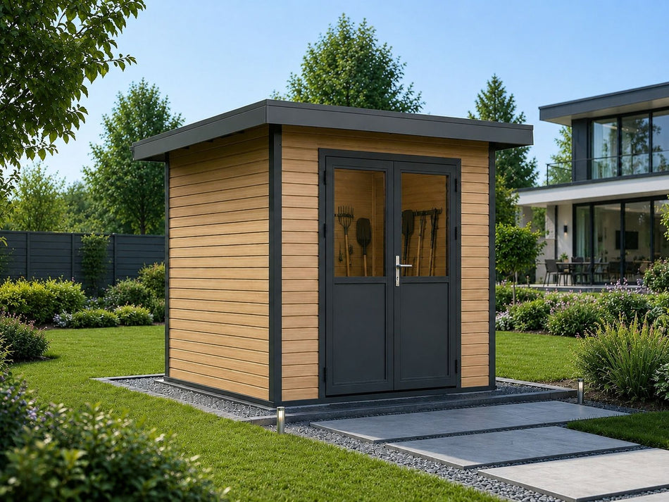 Linholm WPC Gartenhaus Linia 2424 inkl. Dachrinnen-Set, Natur-Beige/Anthrazit