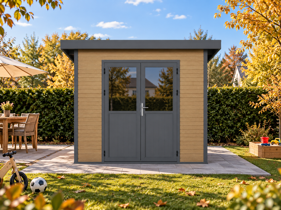 Linholm WPC Gartenhaus Linia 2424 inkl. Dachrinnen-Set, Natur-Beige/Anthrazit