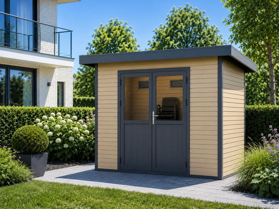 Linholm WPC Gartenhaus Linia 2824 inkl. Dachrinnen-Set, Natur-Beige/Anthrazit