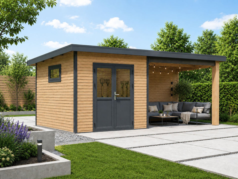 Linholm WPC Gartenhaus Linia 5628 mit Anbaudach und Rückwand, inkl. Dachrinnen-Set, Natur-Beige/Anthrazit
